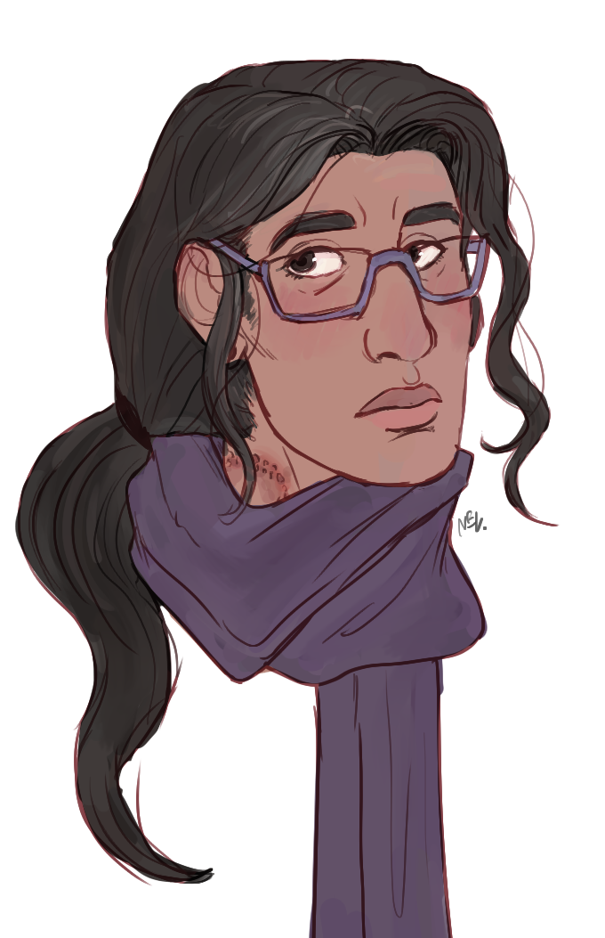 Harriet wearing a scarf, she has a vampire bite on her neck