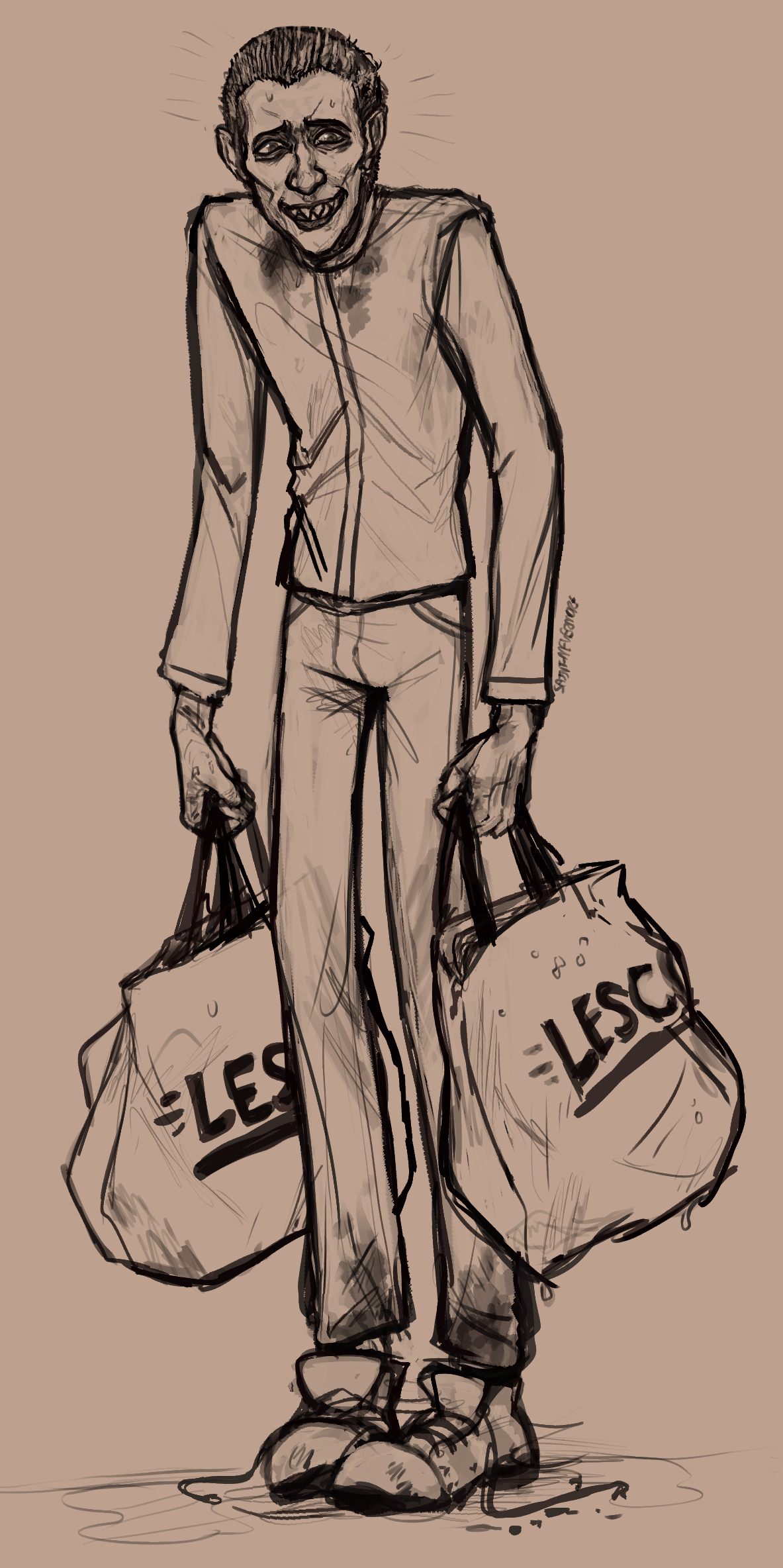 A tall and creepy looking vampire stands with Lesco shopping bags